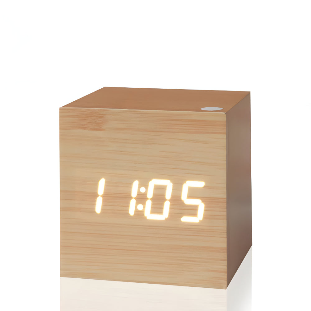 Ceas de masă digital minimalist din lemn - design cubic modern