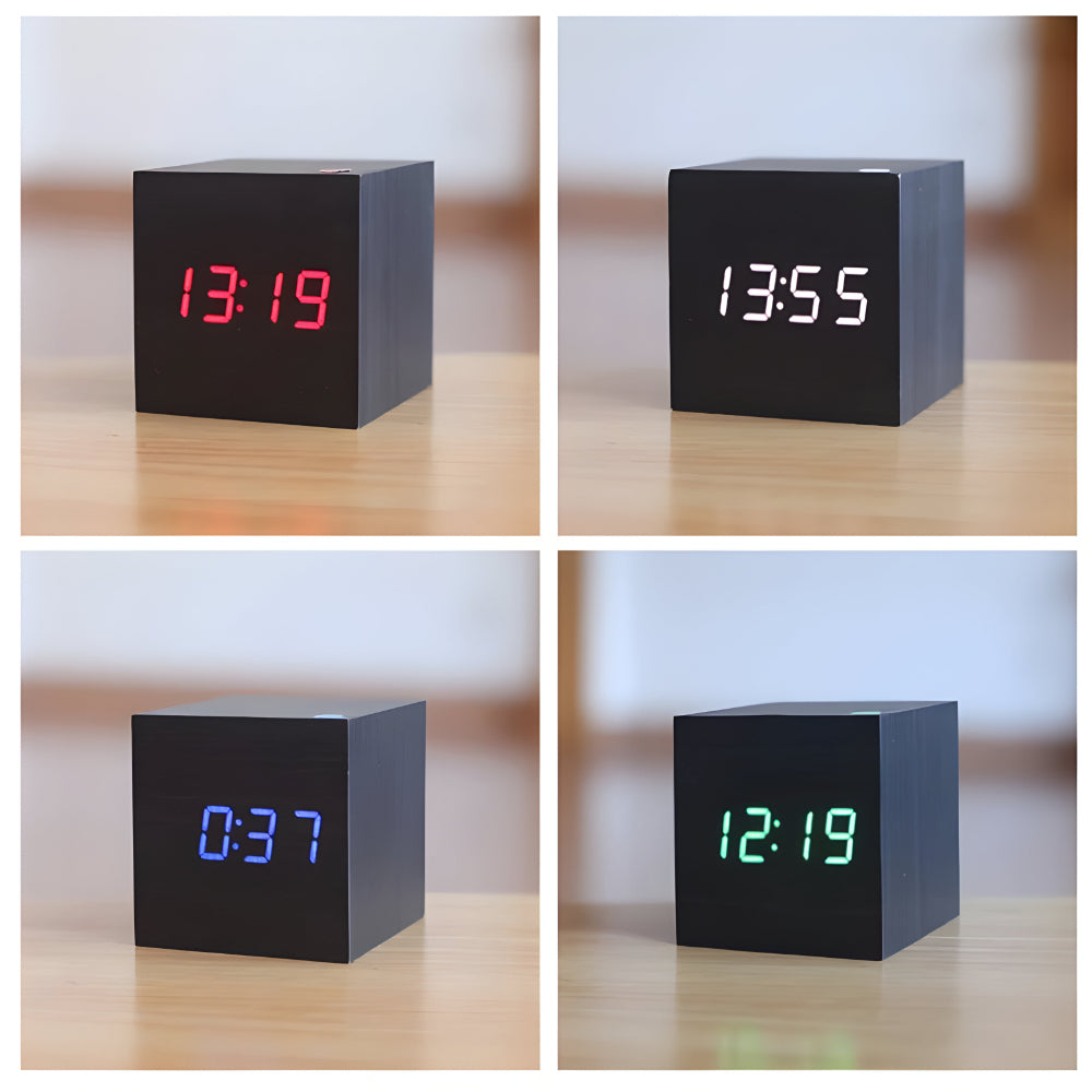Ceas de masă digital minimalist din lemn - design cubic modern