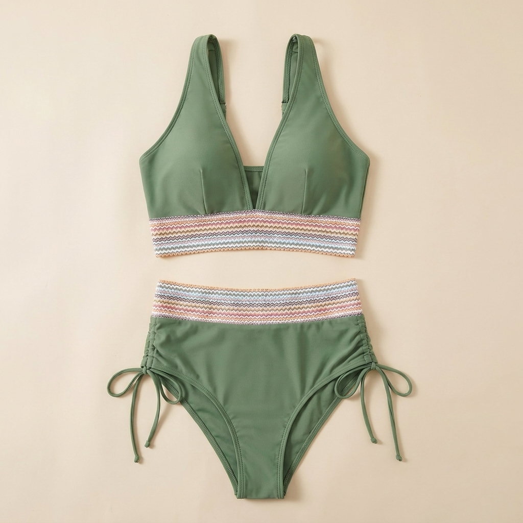 Solara – High-Waist Tummy-Control Halter Bikini with Sculpting Zigzag Waist - Esilora