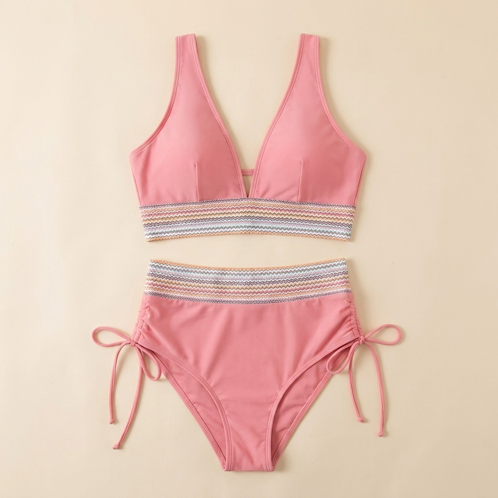 Solara – High-Waist Tummy-Control Halter Bikini with Sculpting Zigzag Waist - Esilora