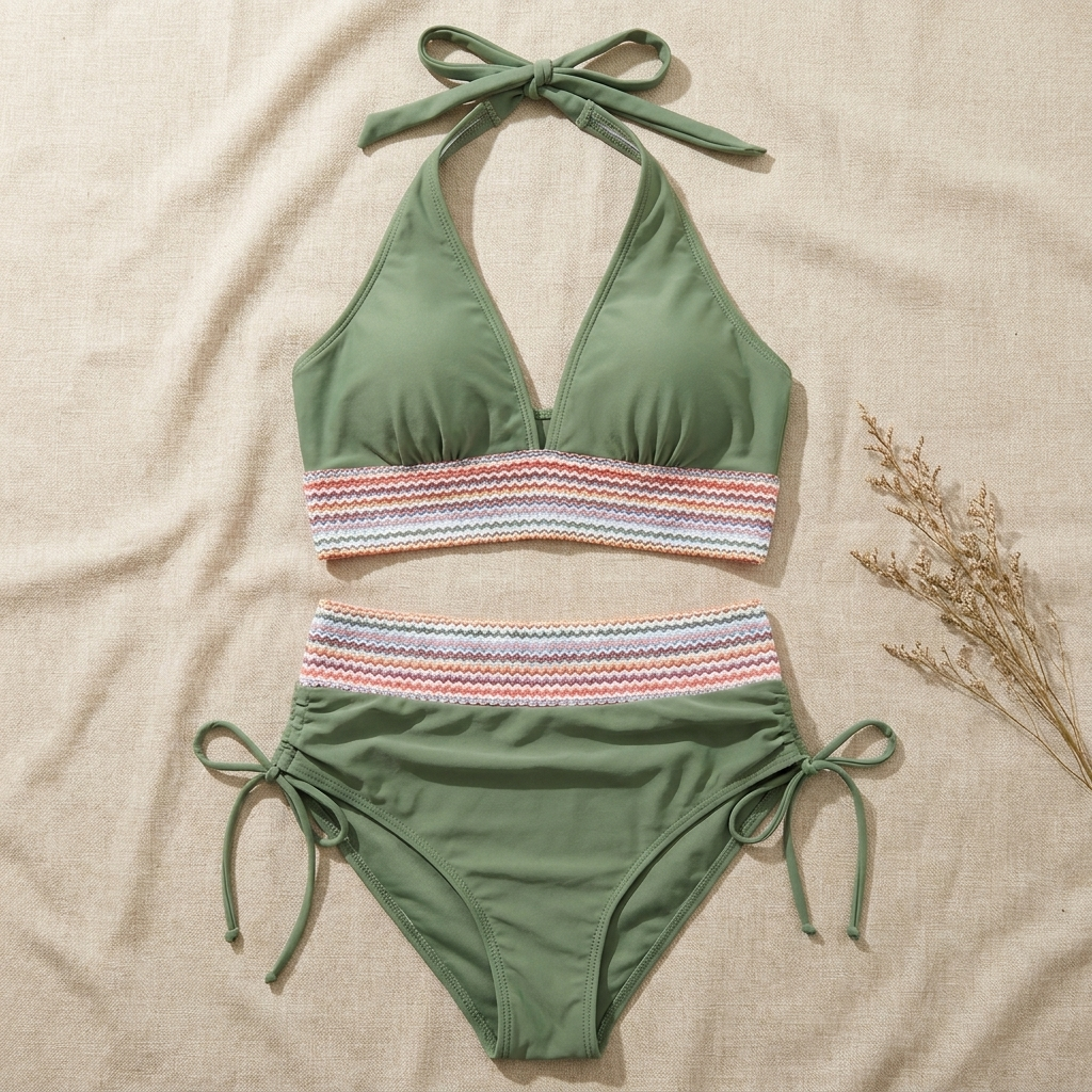 Solara – High-Waist Tummy-Control Halter Bikini with Sculpting Zigzag Waist - Esilora