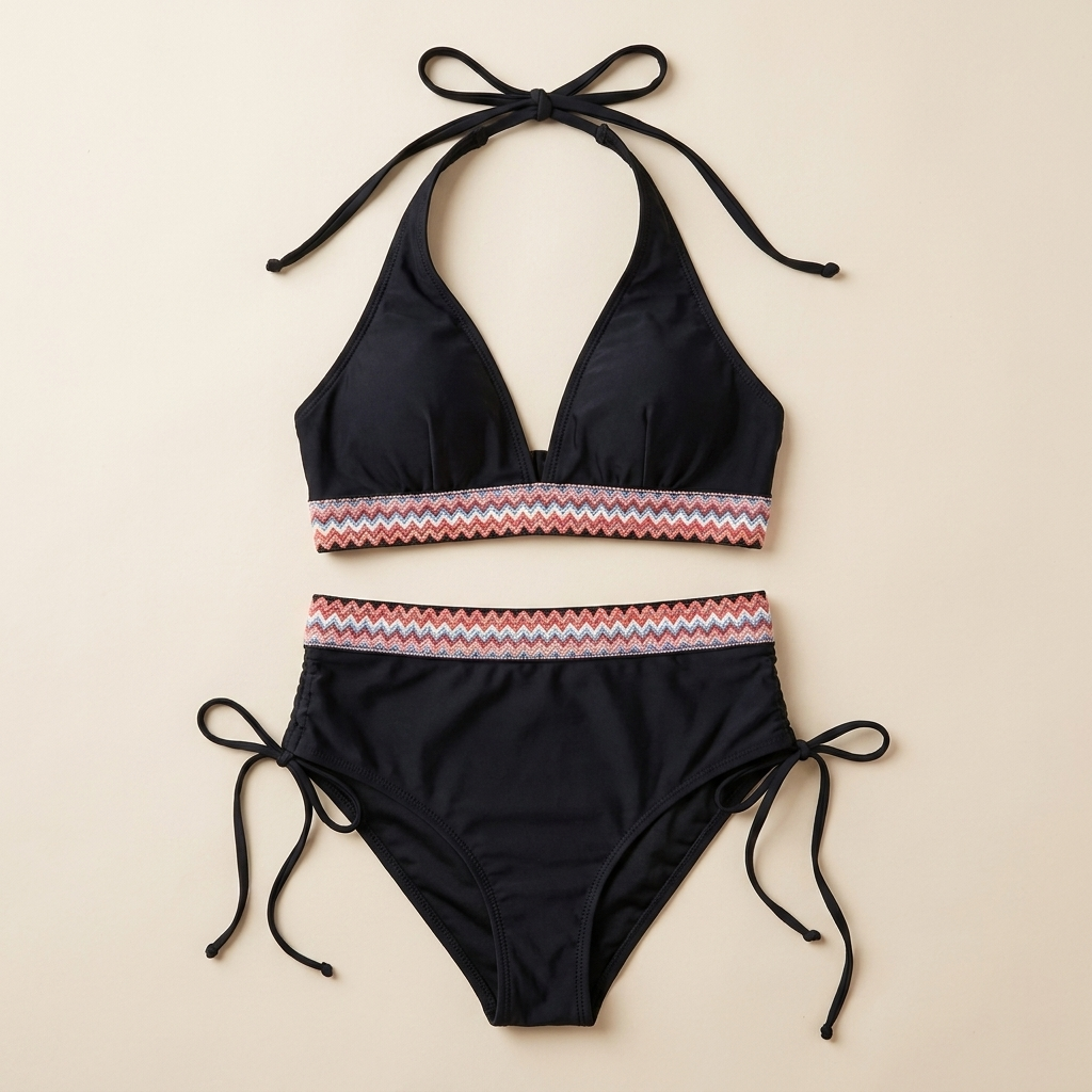 Solara – High-Waist Tummy-Control Halter Bikini with Sculpting Zigzag Waist - Esilora