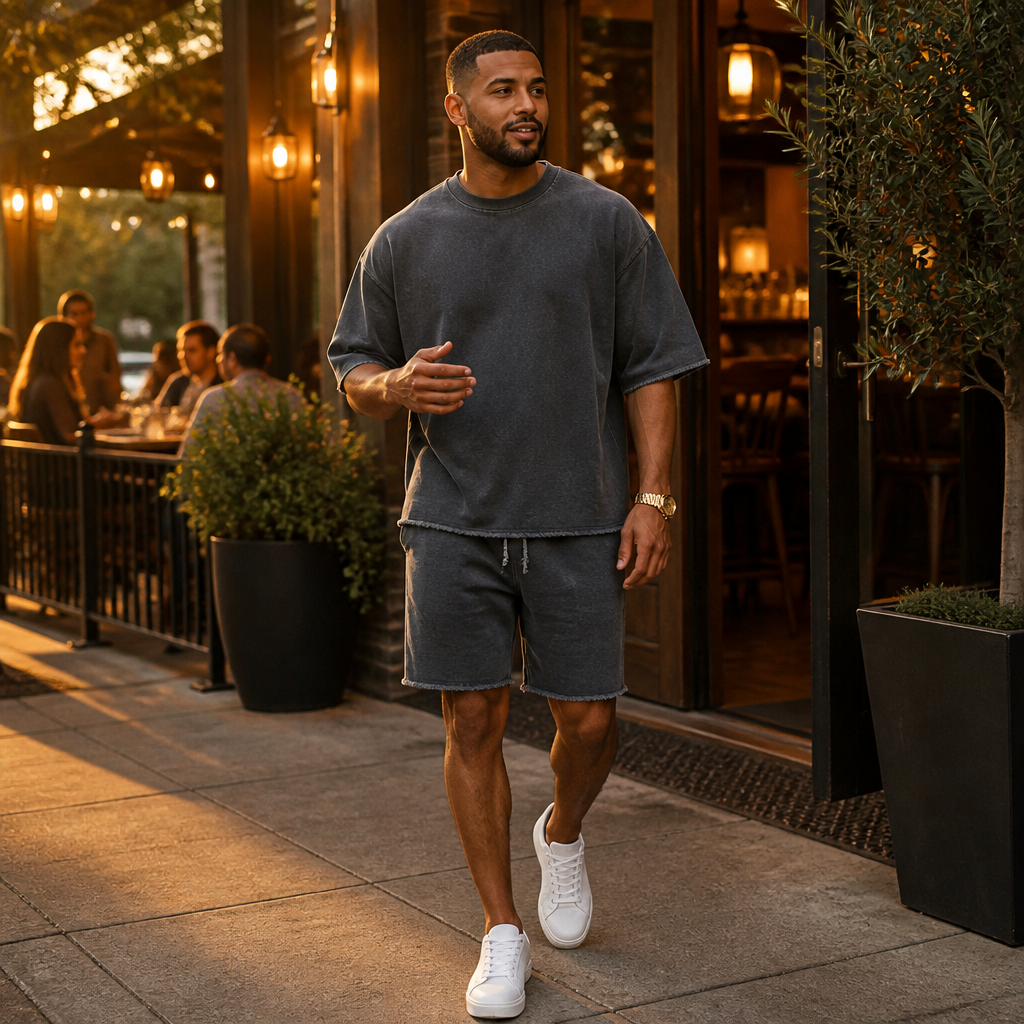 SilhouetteAura – Oversized Raw-Edge Cotton Tee and Shorts Set - Esilora
