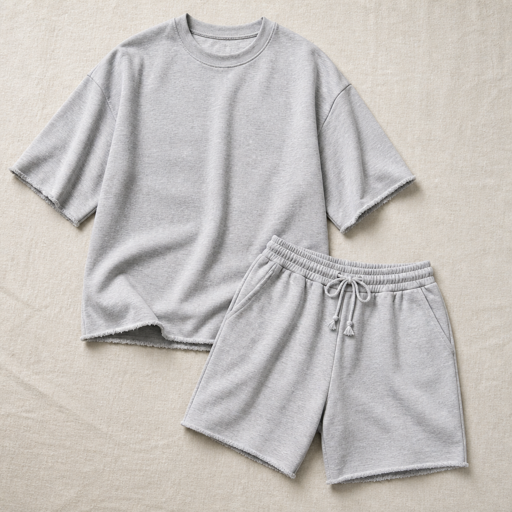 SilhouetteAura – Oversized Raw-Edge Cotton Tee and Shorts Set - Esilora