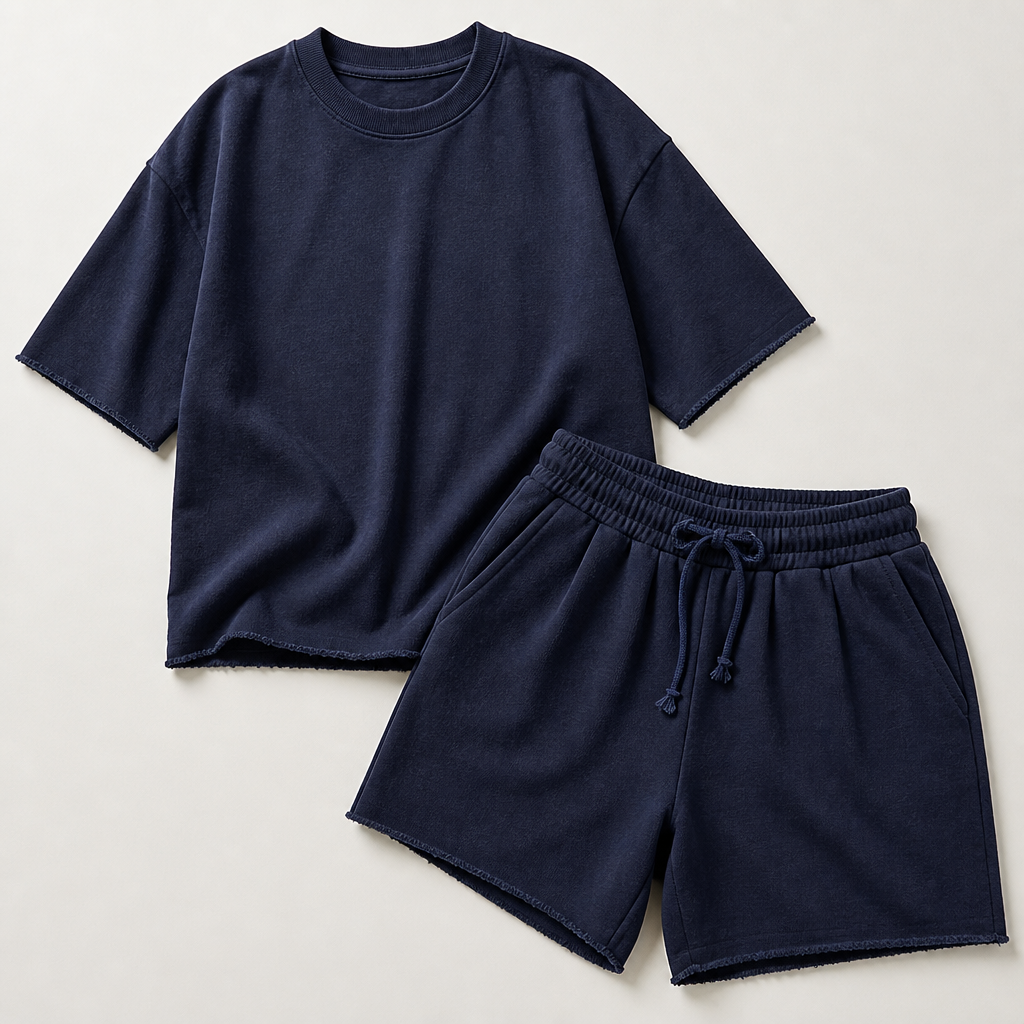 SilhouetteAura – Oversized Raw-Edge Cotton Tee and Shorts Set - Esilora