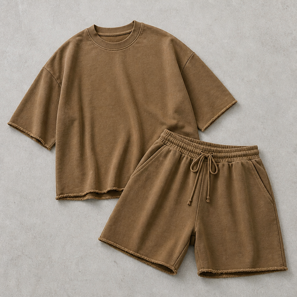 SilhouetteAura – Oversized Raw-Edge Cotton Tee and Shorts Set - Esilora