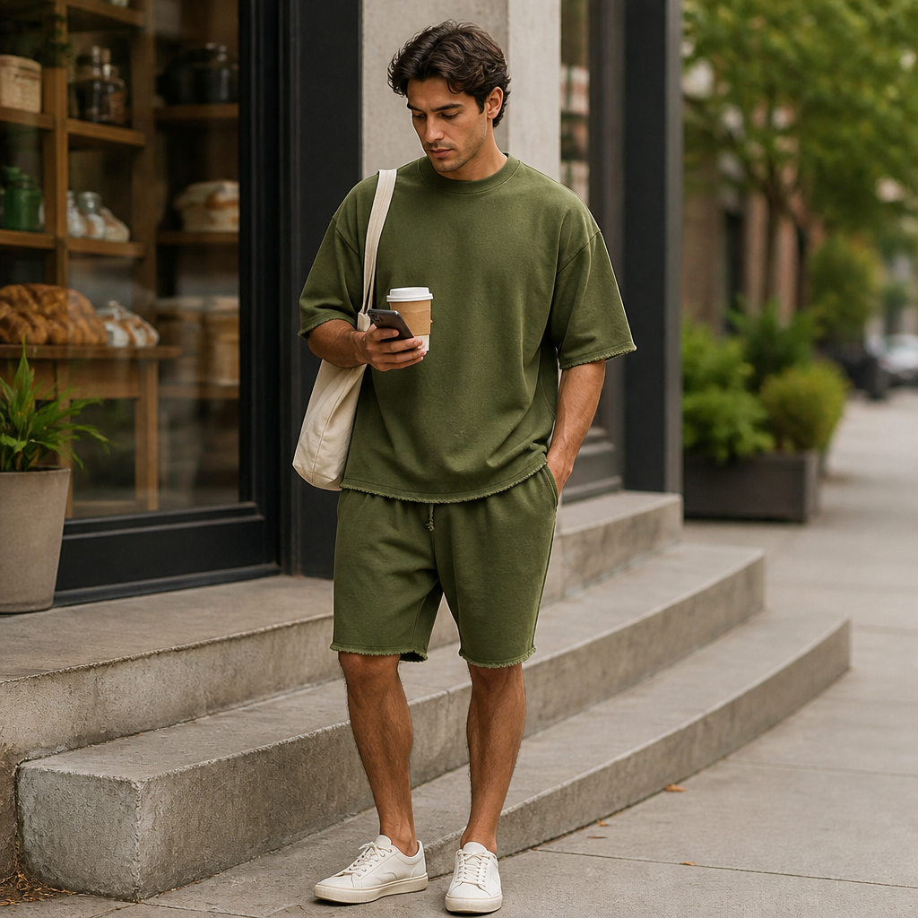 SilhouetteAura – Oversized Raw-Edge Cotton Tee and Shorts Set - Esilora