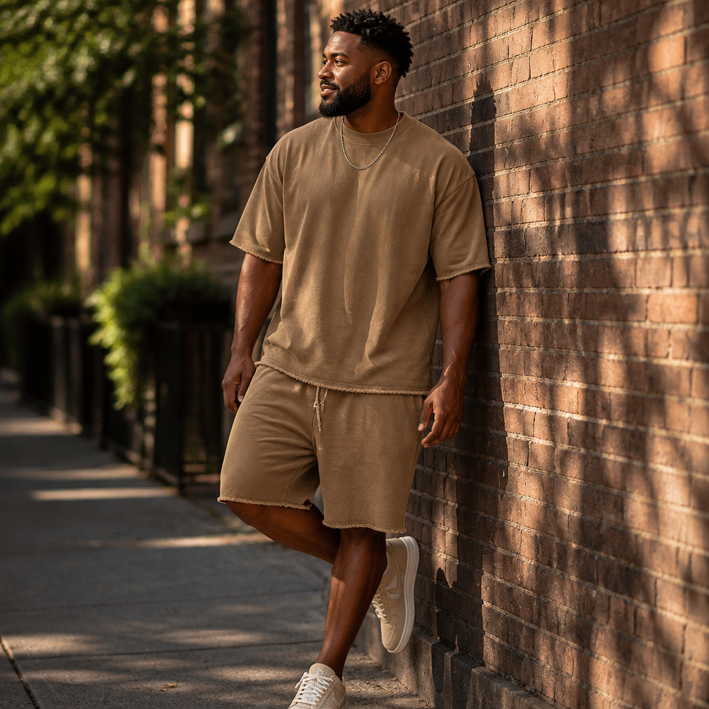 SilhouetteAura – Oversized Raw-Edge Cotton Tee and Shorts Set - Esilora