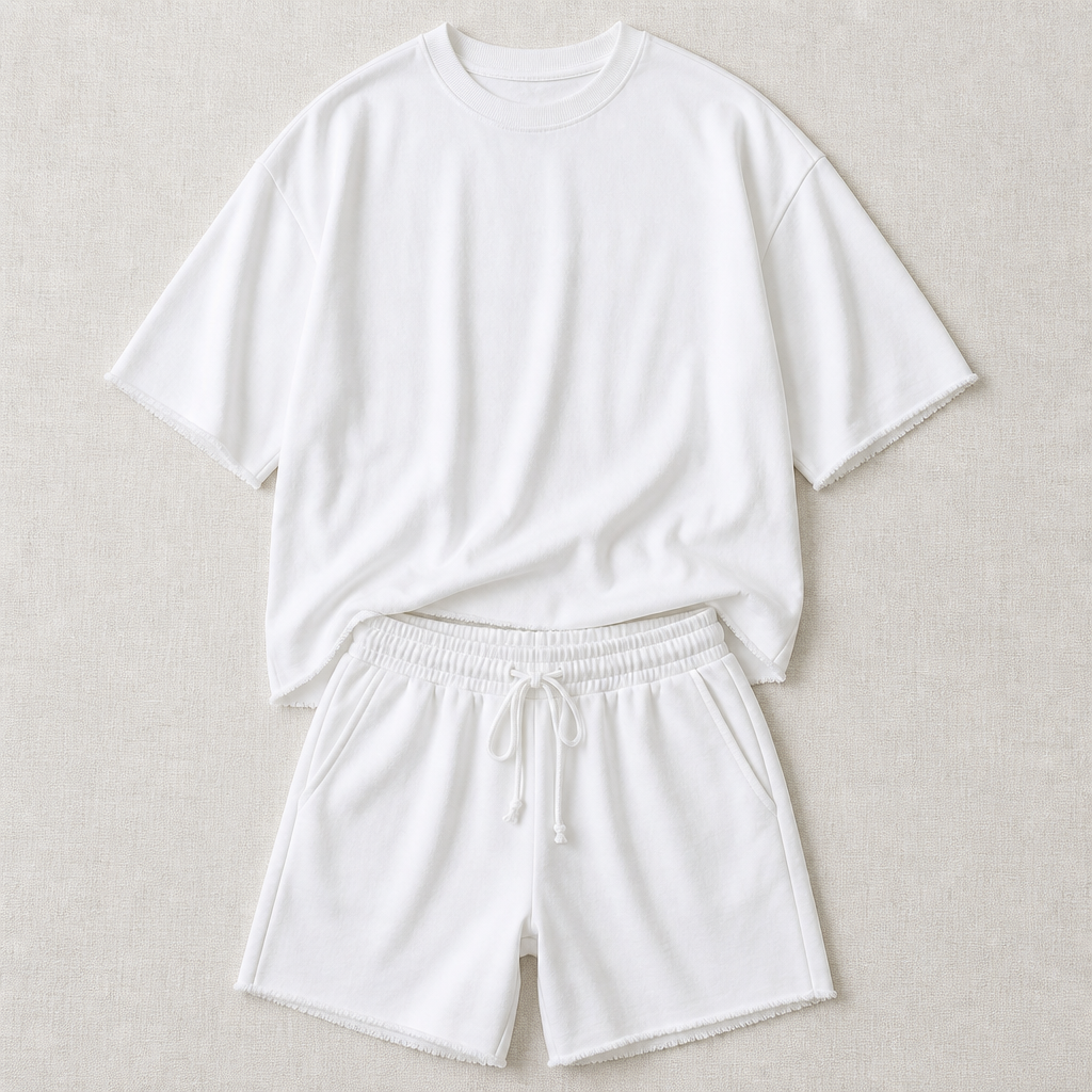 SilhouetteAura – Oversized Raw-Edge Cotton Tee and Shorts Set - Esilora
