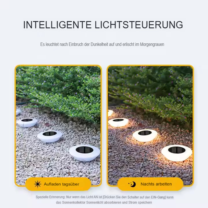 Round LED Solar Light — Weatherproof, Modern Ground-Mount Design