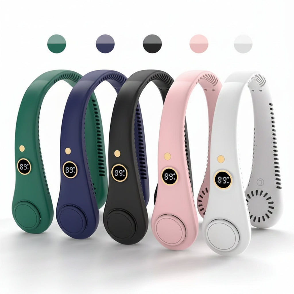 Portable Neck Fan — Wearable Hands-Free Cooler in White, Pink, Black, Blue & Green
