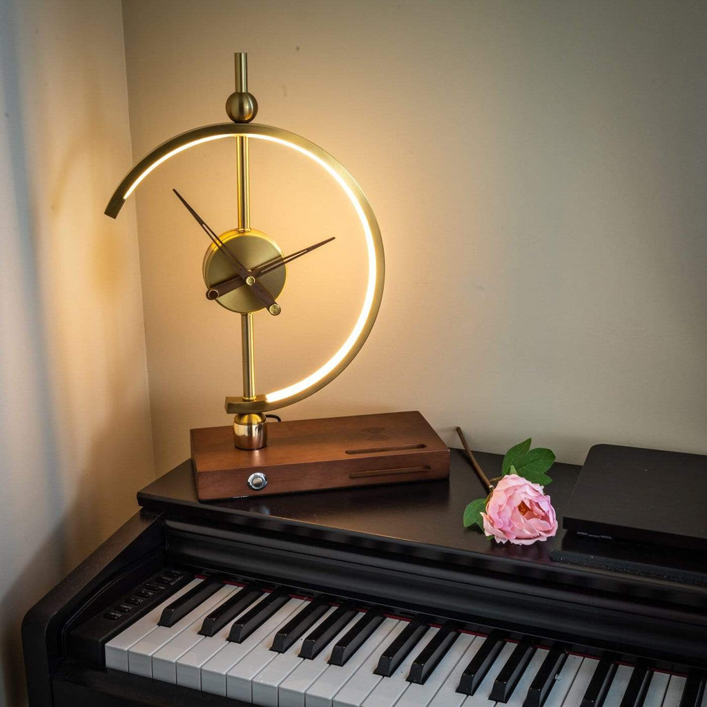 Wood LED Table Lamp — Digital Clock and Charging Station