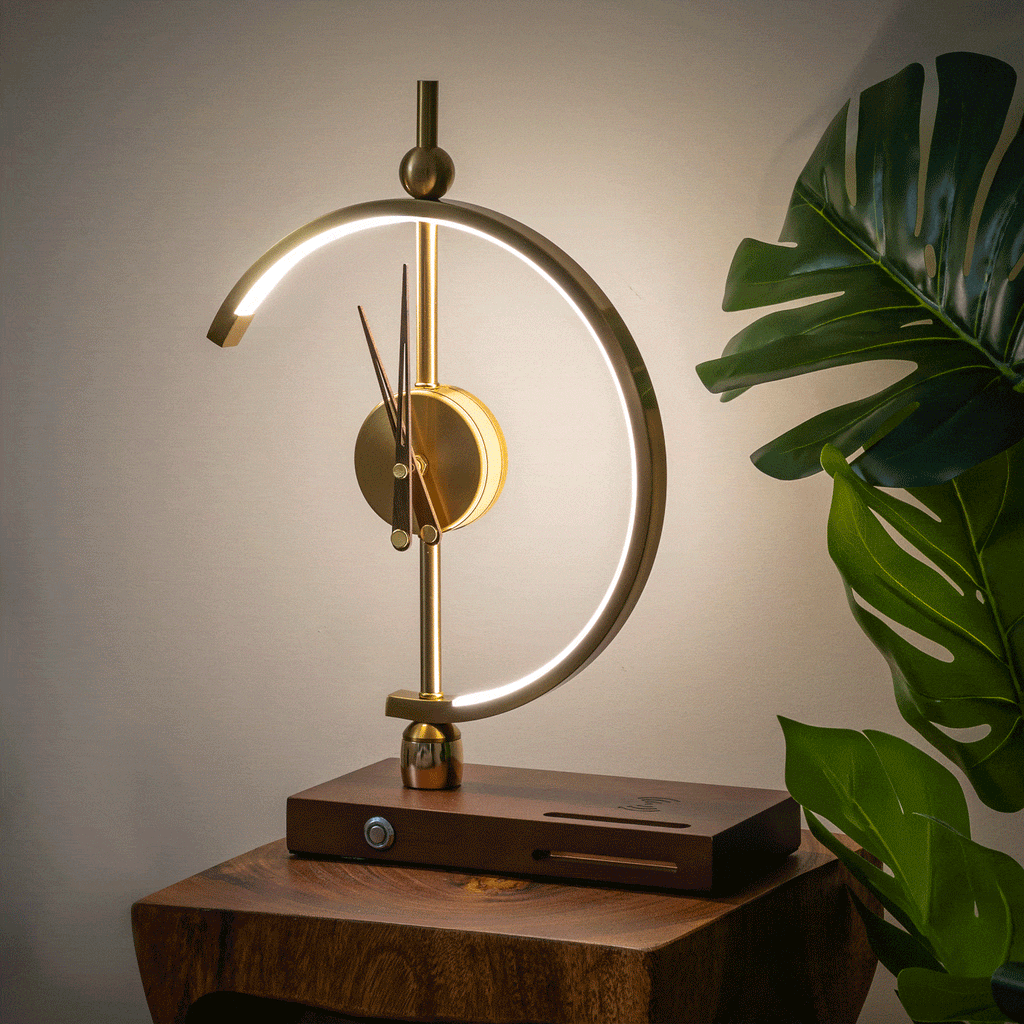 Wood LED Table Lamp — Digital Clock and Charging Station