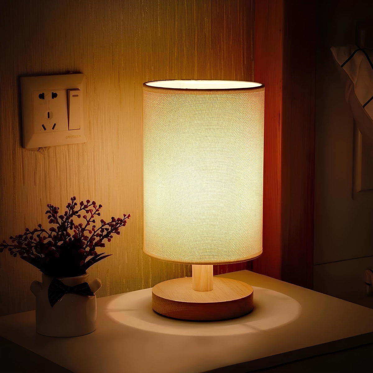 Dimmable LED Table Lamp — Wood Base and Fabric Cover