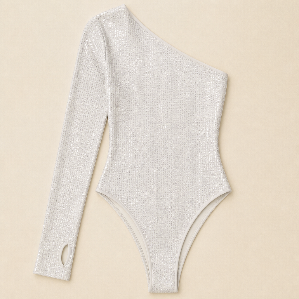Stellara – Shimmering One-Shoulder Bodycon Bodysuit with Thumbhole Cuff - Esilora