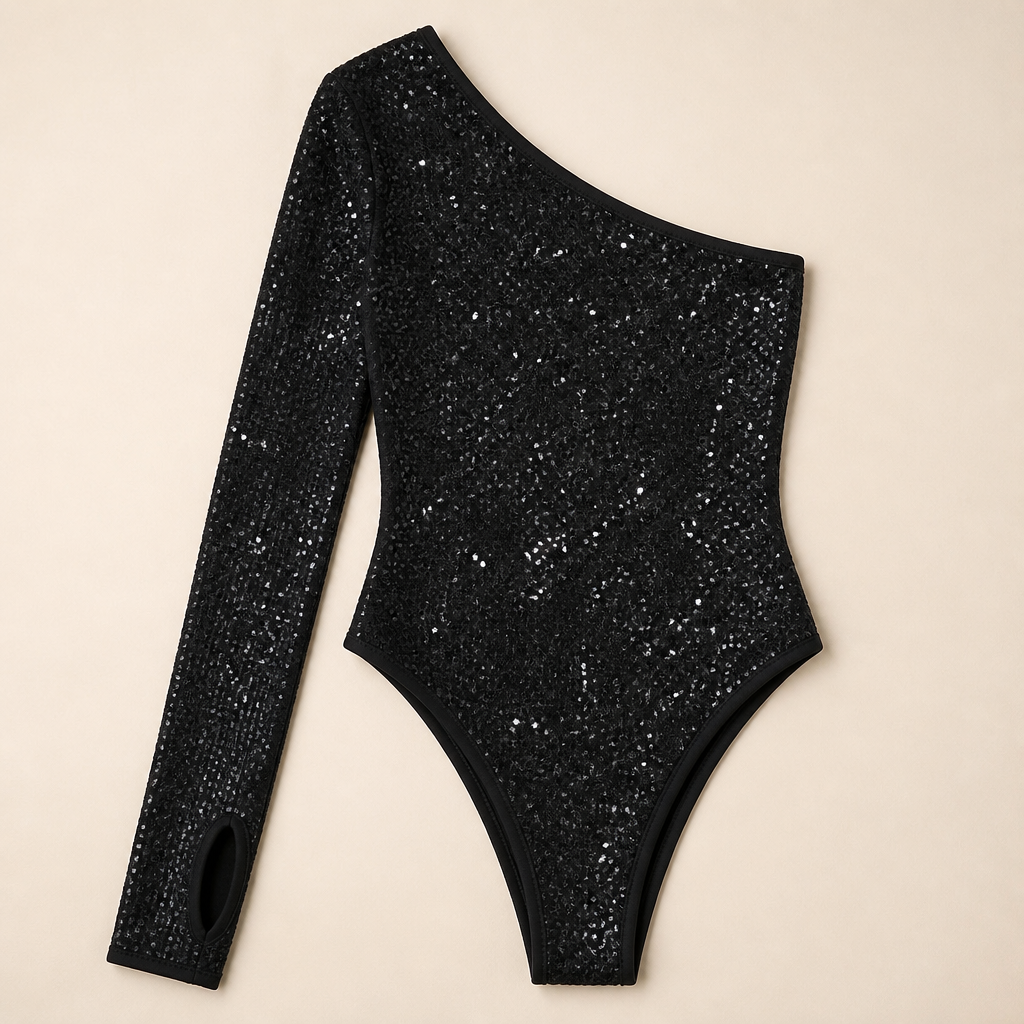 Stellara – Shimmering One-Shoulder Bodycon Bodysuit with Thumbhole Cuff - Esilora