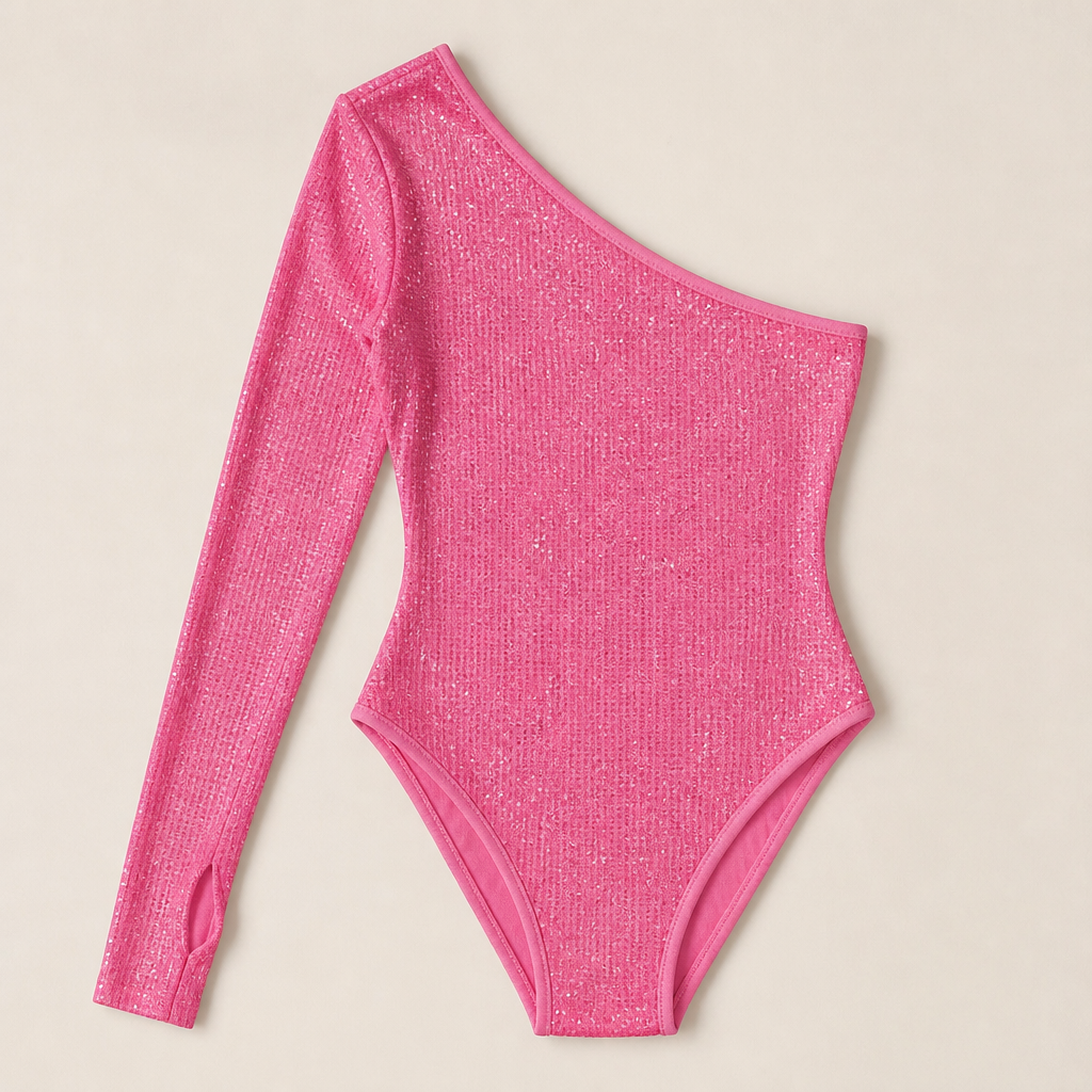 Stellara – Shimmering One-Shoulder Bodycon Bodysuit with Thumbhole Cuff - Esilora