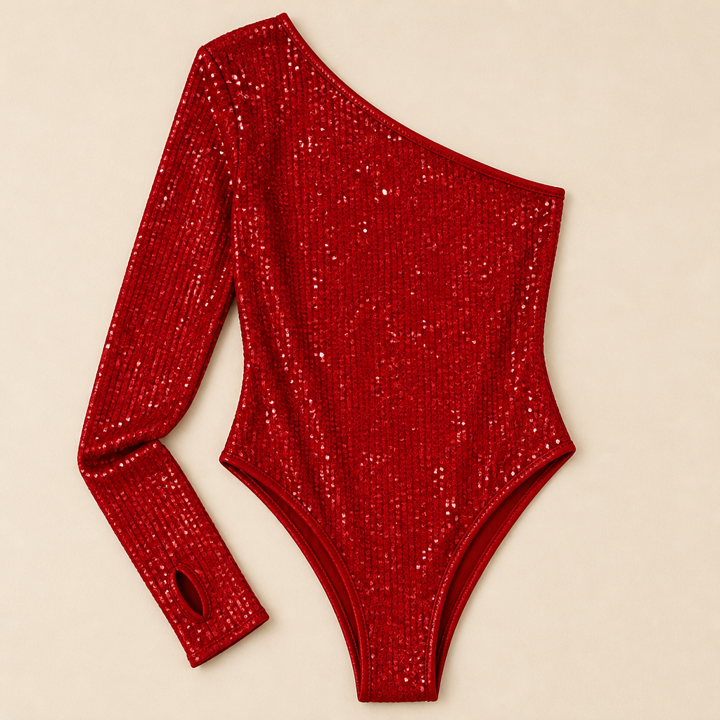 Stellara – Shimmering One-Shoulder Bodycon Bodysuit with Thumbhole Cuff - Esilora