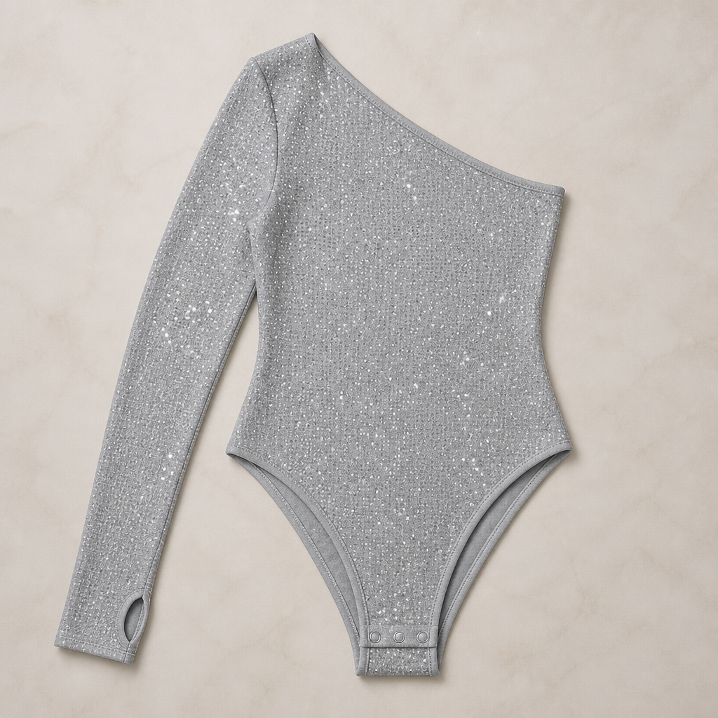 Stellara – Shimmering One-Shoulder Bodycon Bodysuit with Thumbhole Cuff - Esilora