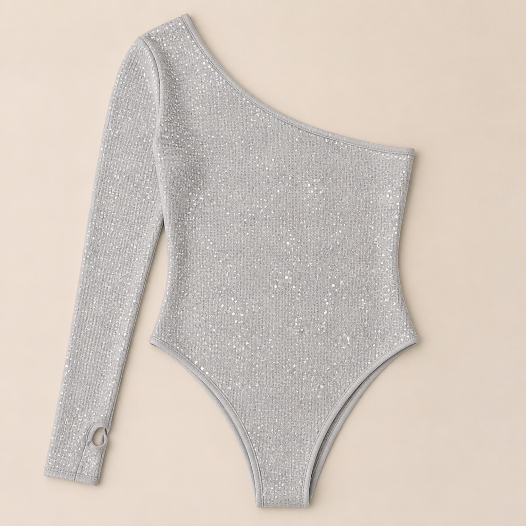 Stellara – Shimmering One-Shoulder Bodycon Bodysuit with Thumbhole Cuff - Esilora