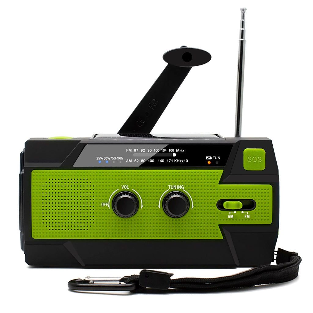 Přenosné nouzové rádio – ruční klika, solární napájení, záložní vestavěná baterie