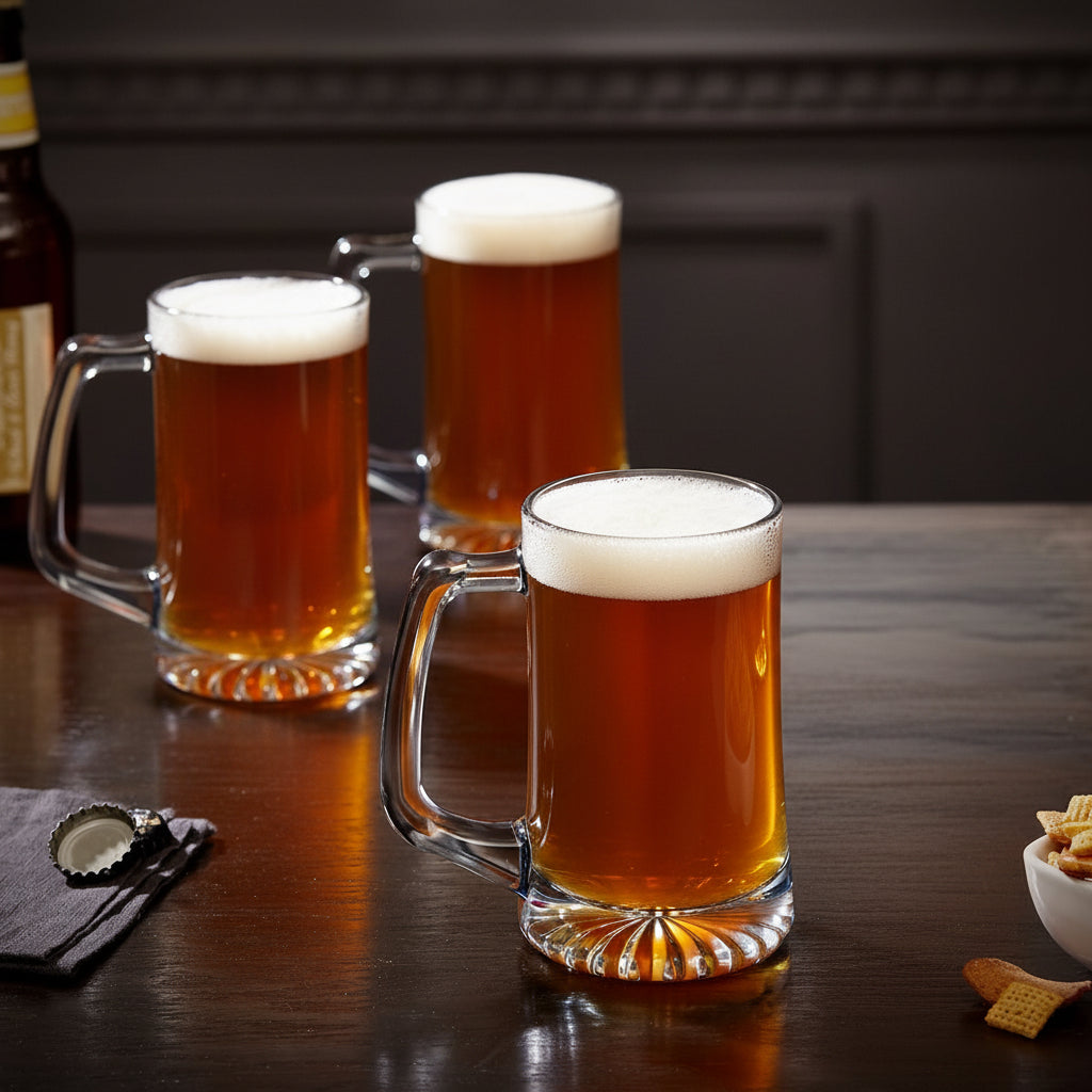 Bierpullen met lasergravure in Oktoberfest-design — nauwkeurig geëtst glas, hittebestendige set