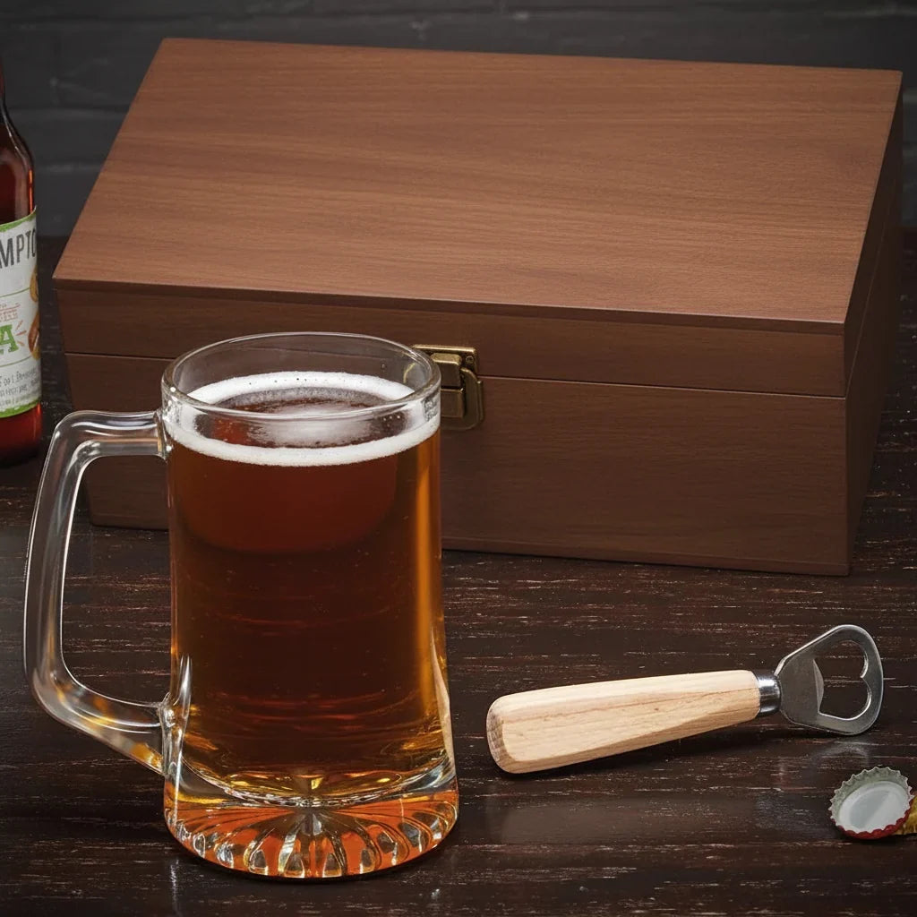 Bierpullen met lasergravure in Oktoberfest-design — nauwkeurig geëtst glas, hittebestendige set