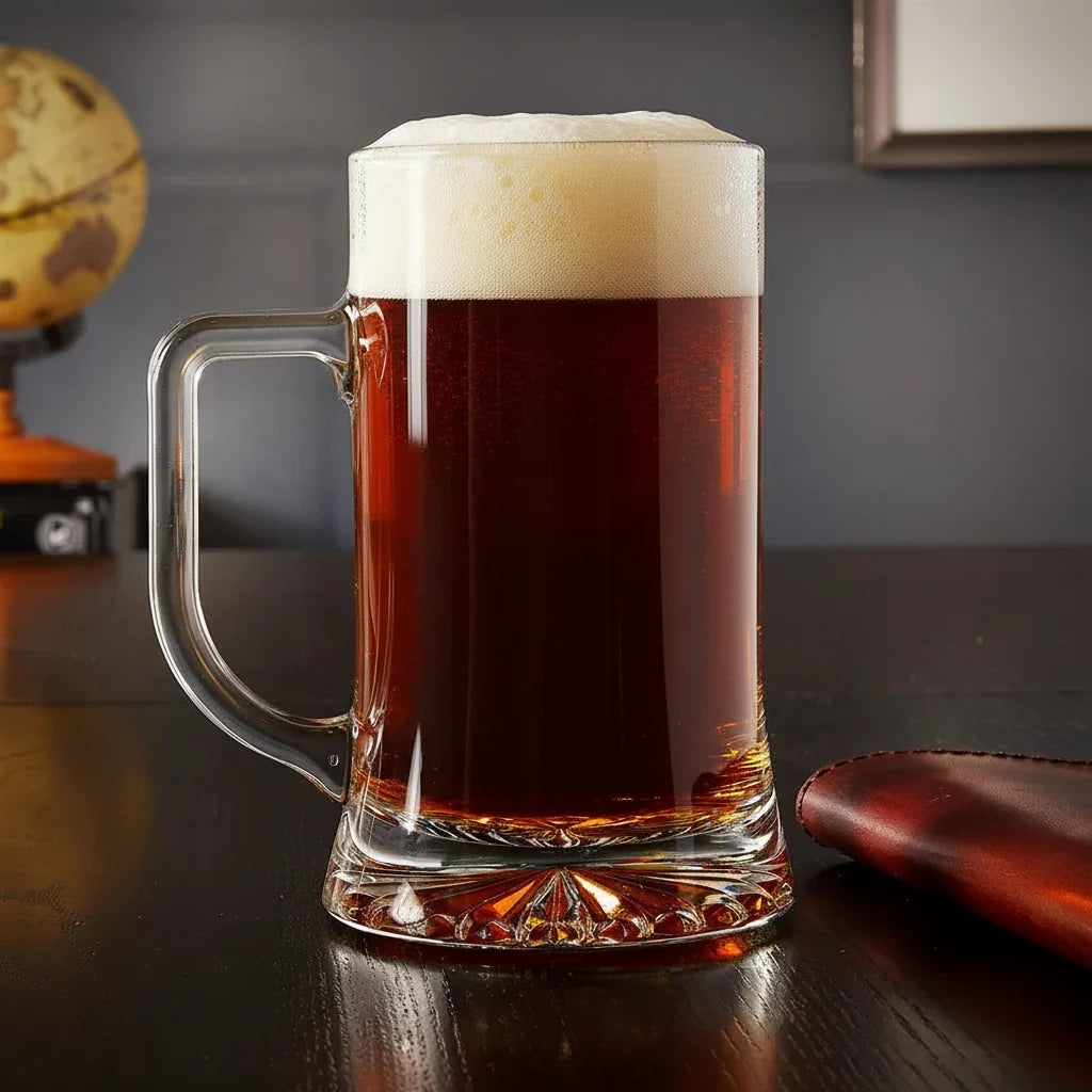 Bierpullen met lasergravure in Oktoberfest-design — nauwkeurig geëtst glas, hittebestendige set