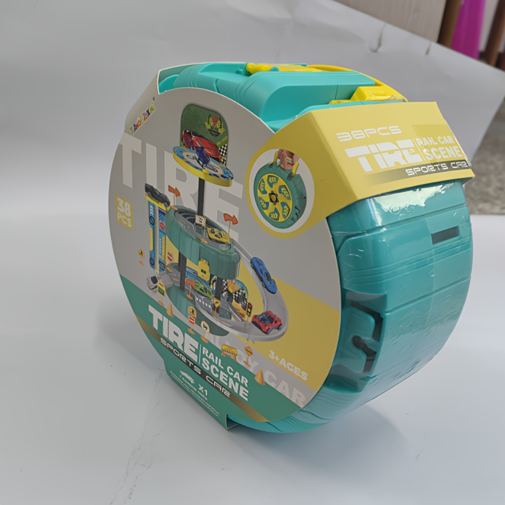 Leksaksgarage för bilar med flera våningar — fungerande hiss, 21 × 9 × 24 cm