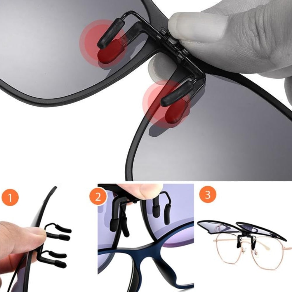 Óculos de sol com proteção UV e clip polarizado — lentes sobrepostas com encaixe