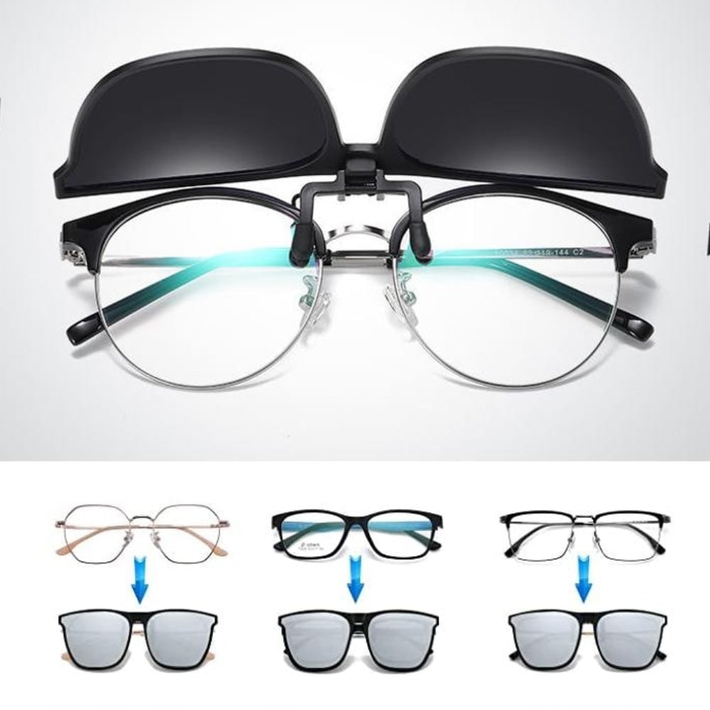 Óculos de sol com proteção UV e clip polarizado — lentes sobrepostas com encaixe