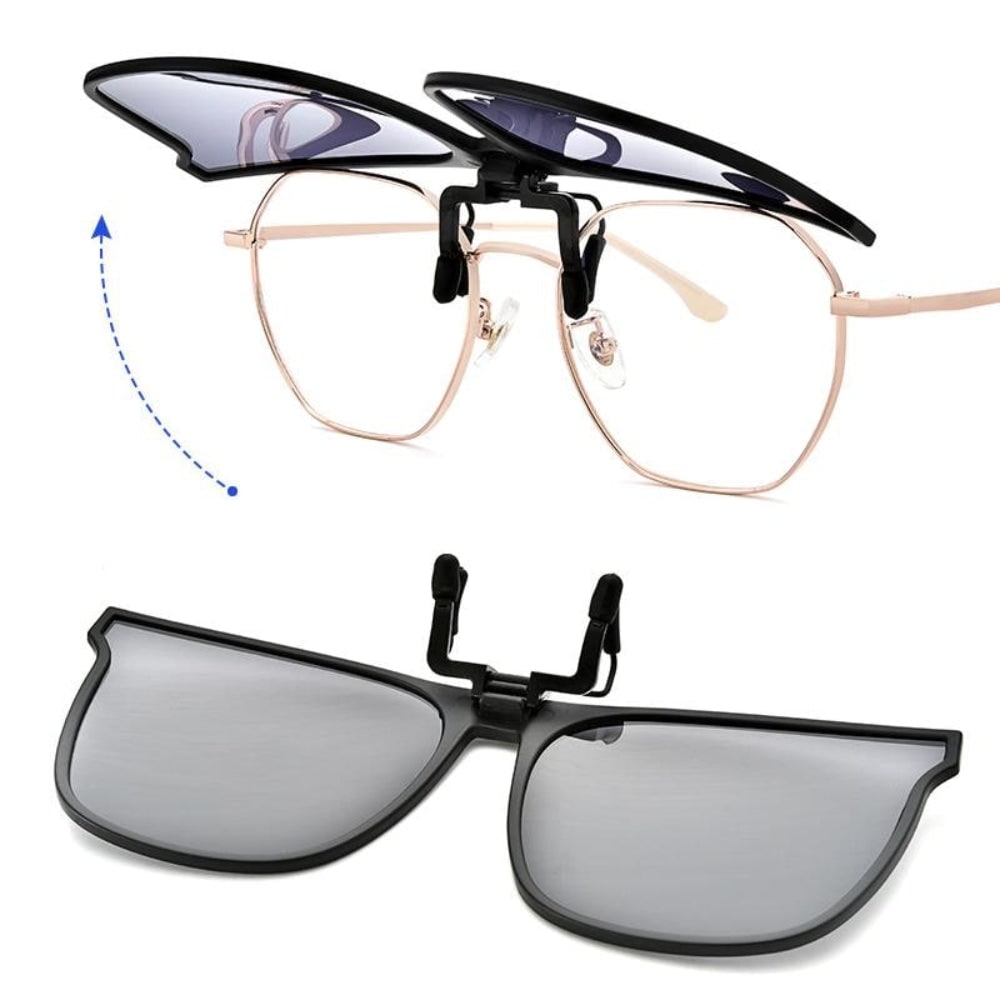 Óculos de sol com proteção UV e clip polarizado — lentes sobrepostas com encaixe