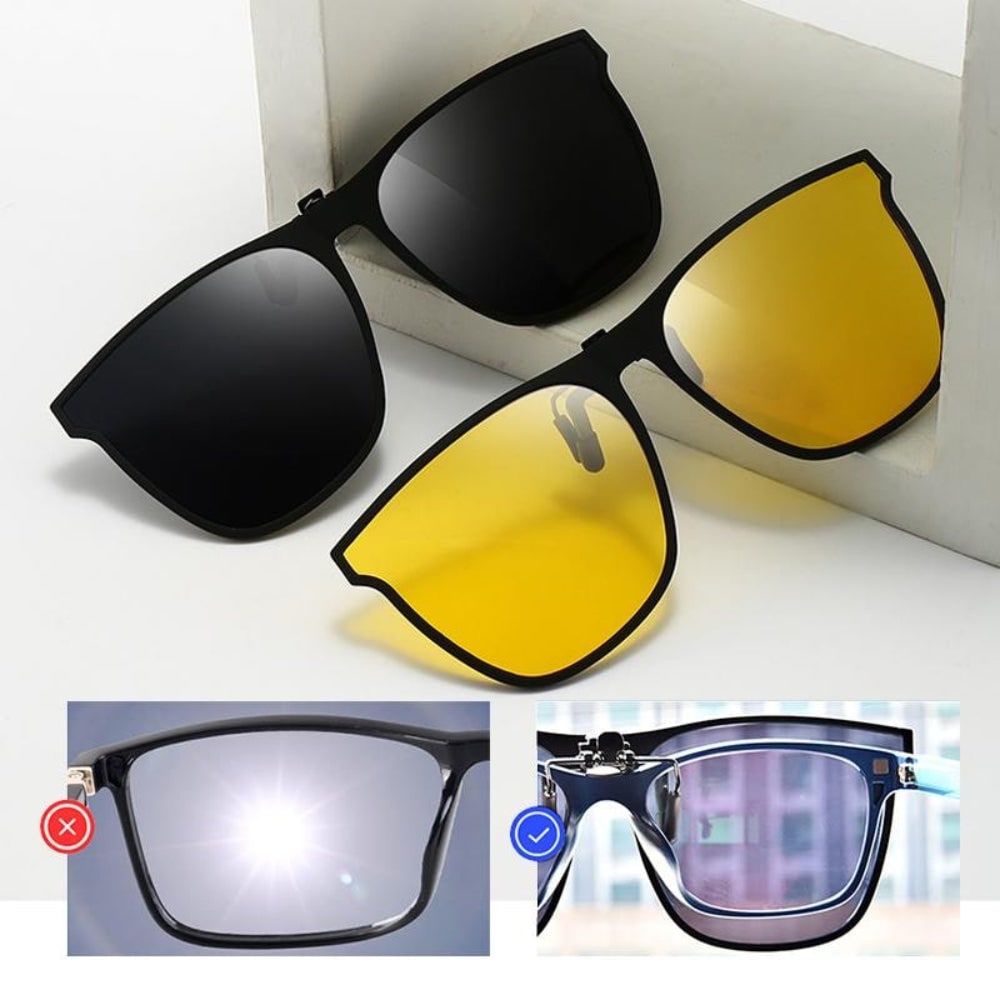 Óculos de sol com proteção UV e clip polarizado — lentes sobrepostas com encaixe