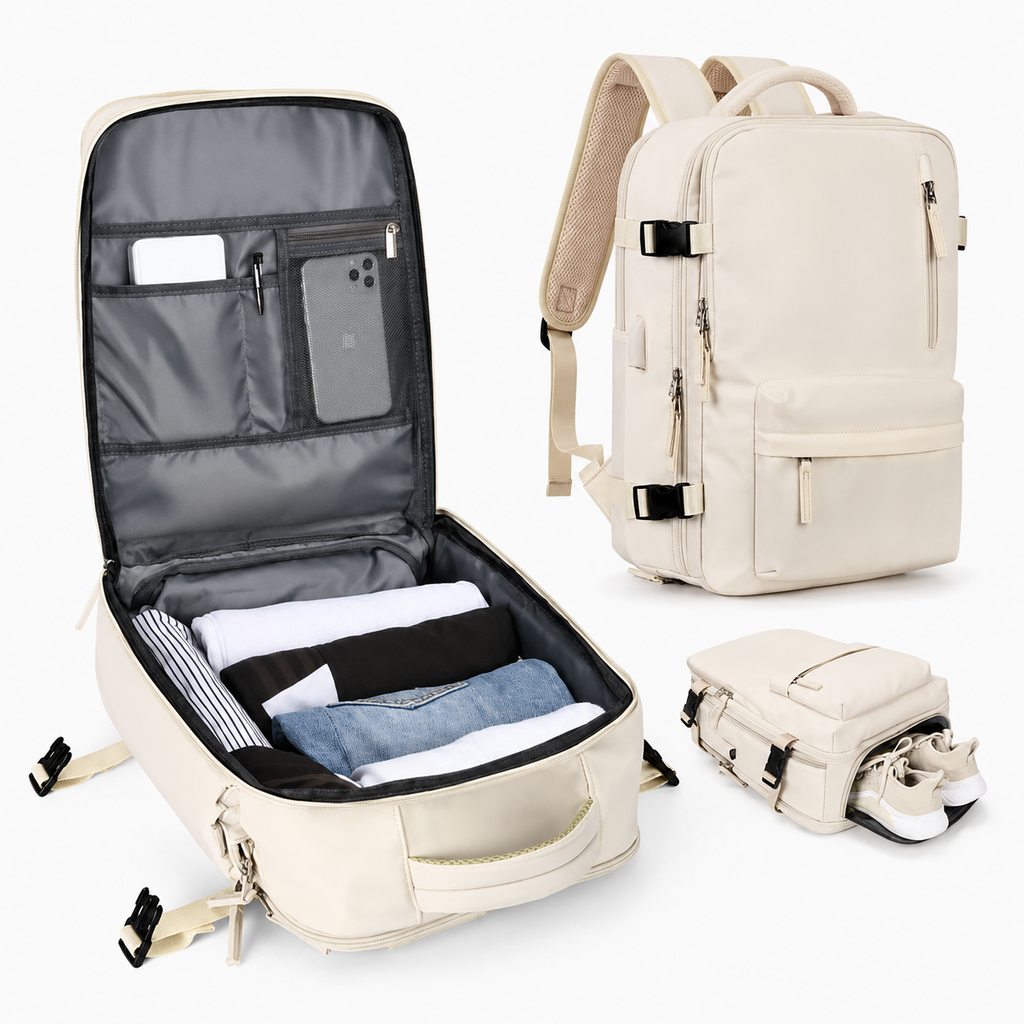 Carry-On Travel Backpack — Isolated Shoe Compartment, Compact Under-Seat Rucksack