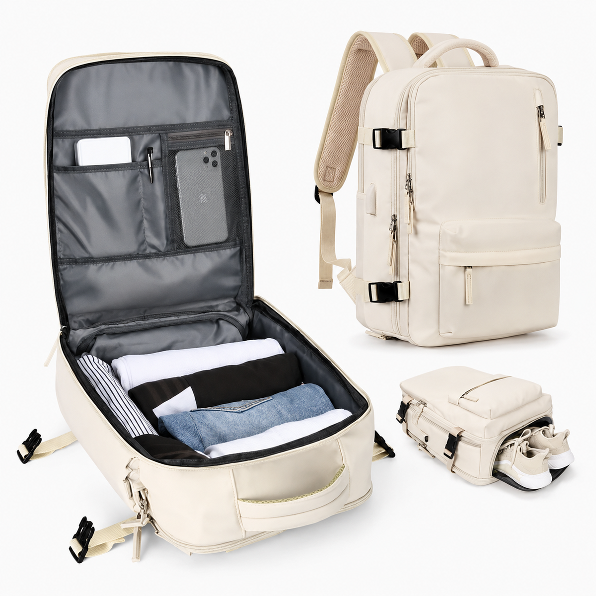 Carry-On Travel Backpack — Isolated Shoe Compartment, Compact Under-Seat Rucksack
