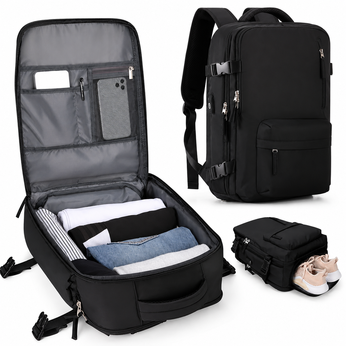 Carry-On Travel Backpack — Isolated Shoe Compartment, Compact Under-Seat Rucksack