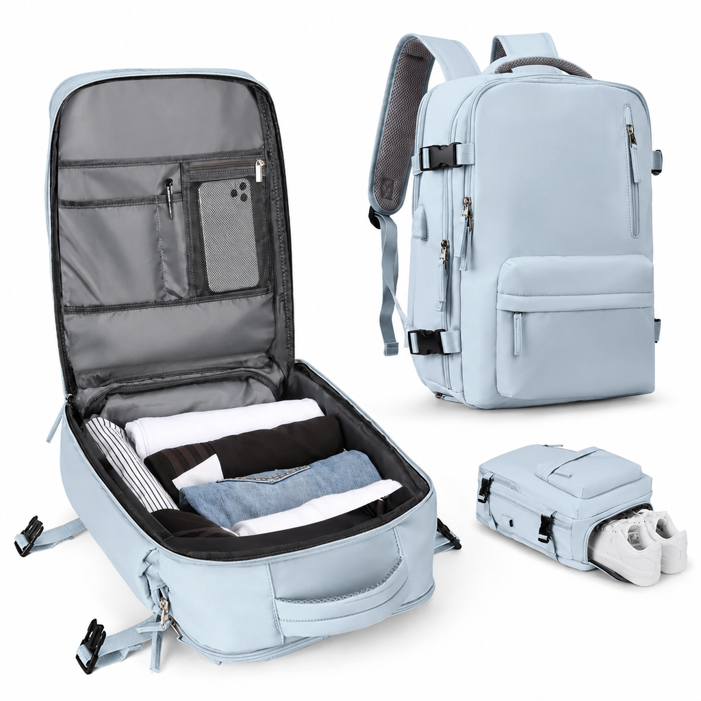 Carry-On Travel Backpack — Isolated Shoe Compartment, Compact Under-Seat Rucksack