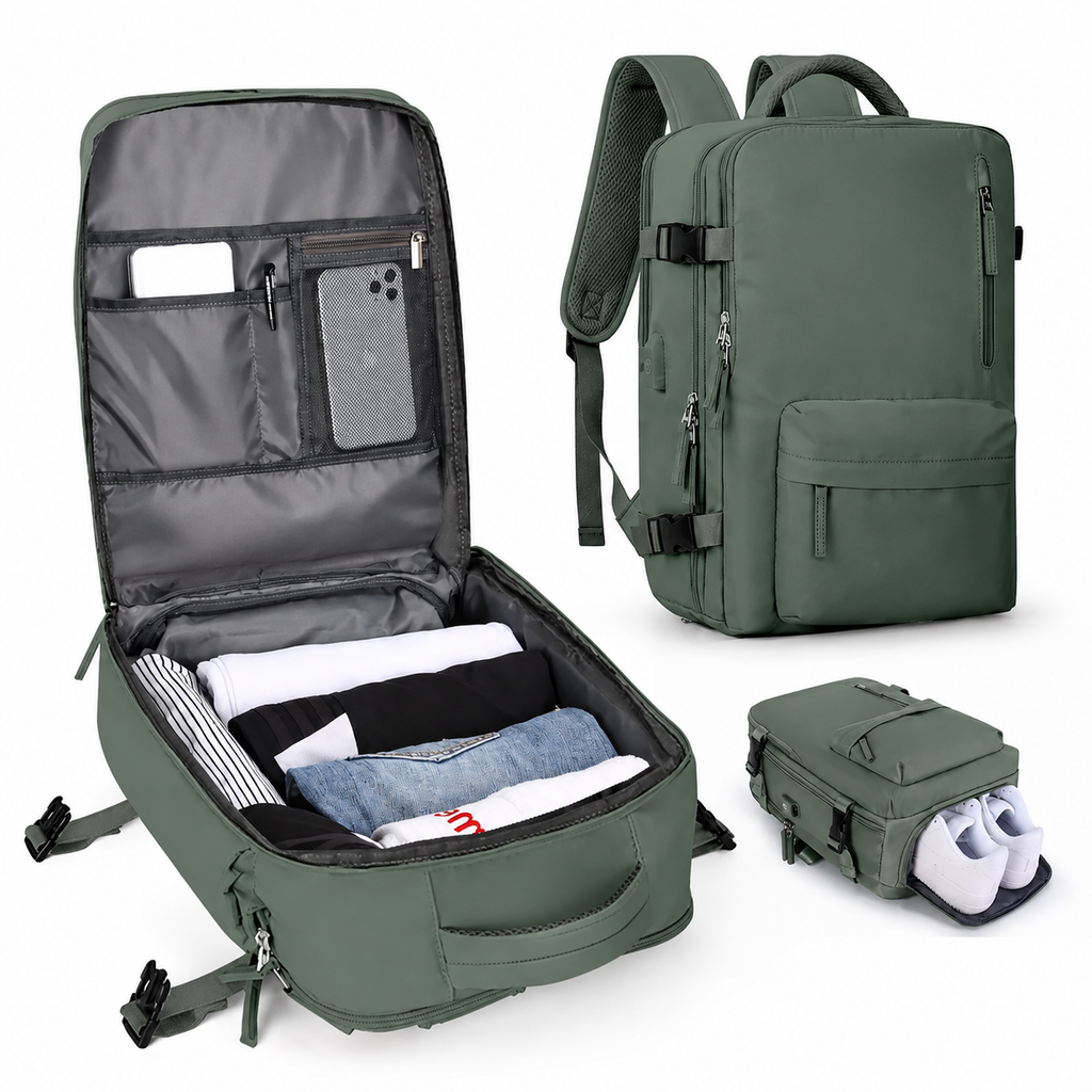 Carry-On Travel Backpack — Isolated Shoe Compartment, Compact Under-Seat Rucksack