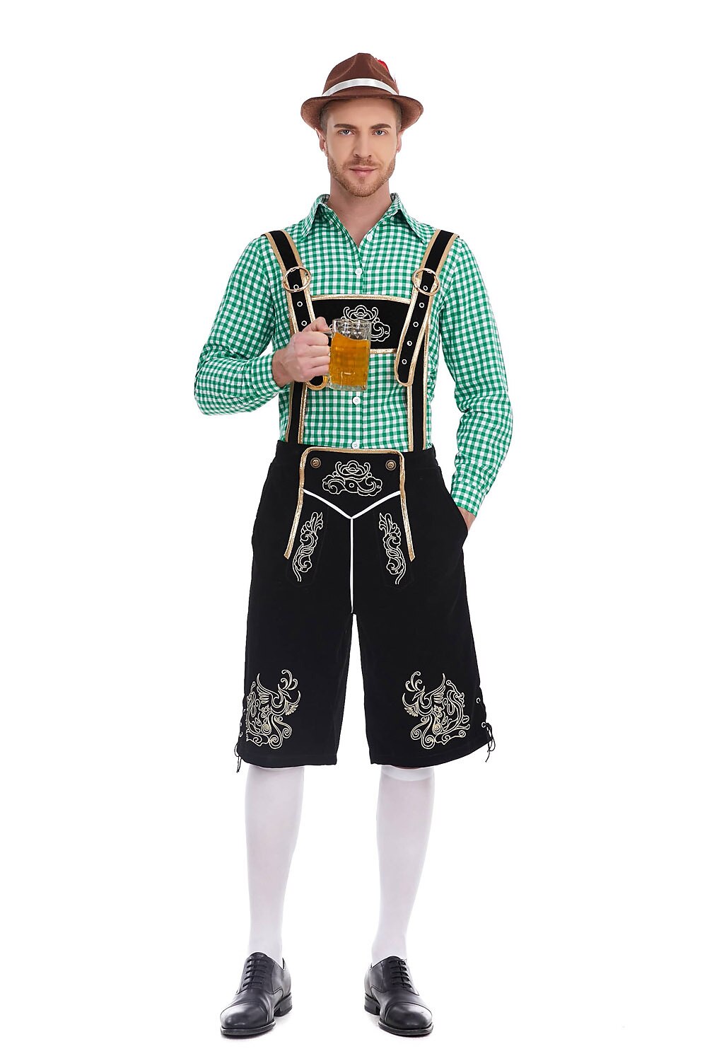 AlpenKönig kostumesæt til mænd — broderede lederhosen, ternet skjorte