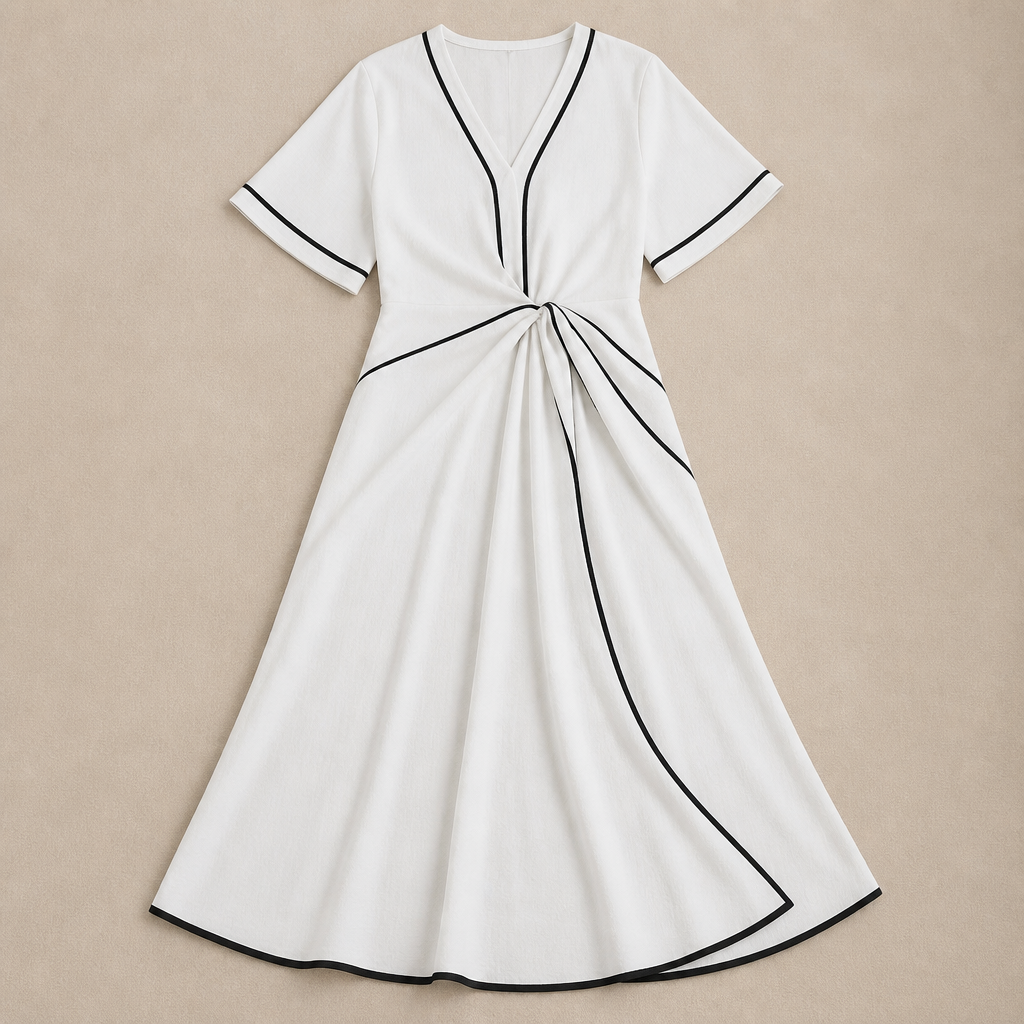 SolariaSilk – Flowy Contrast-Trim Midi Dress with Twist-Knot Waist - Esilora