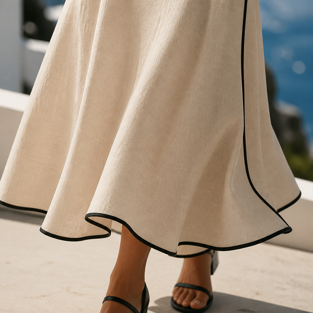 SolariaSilk – Flowy Contrast-Trim Midi Dress with Twist-Knot Waist - Esilora