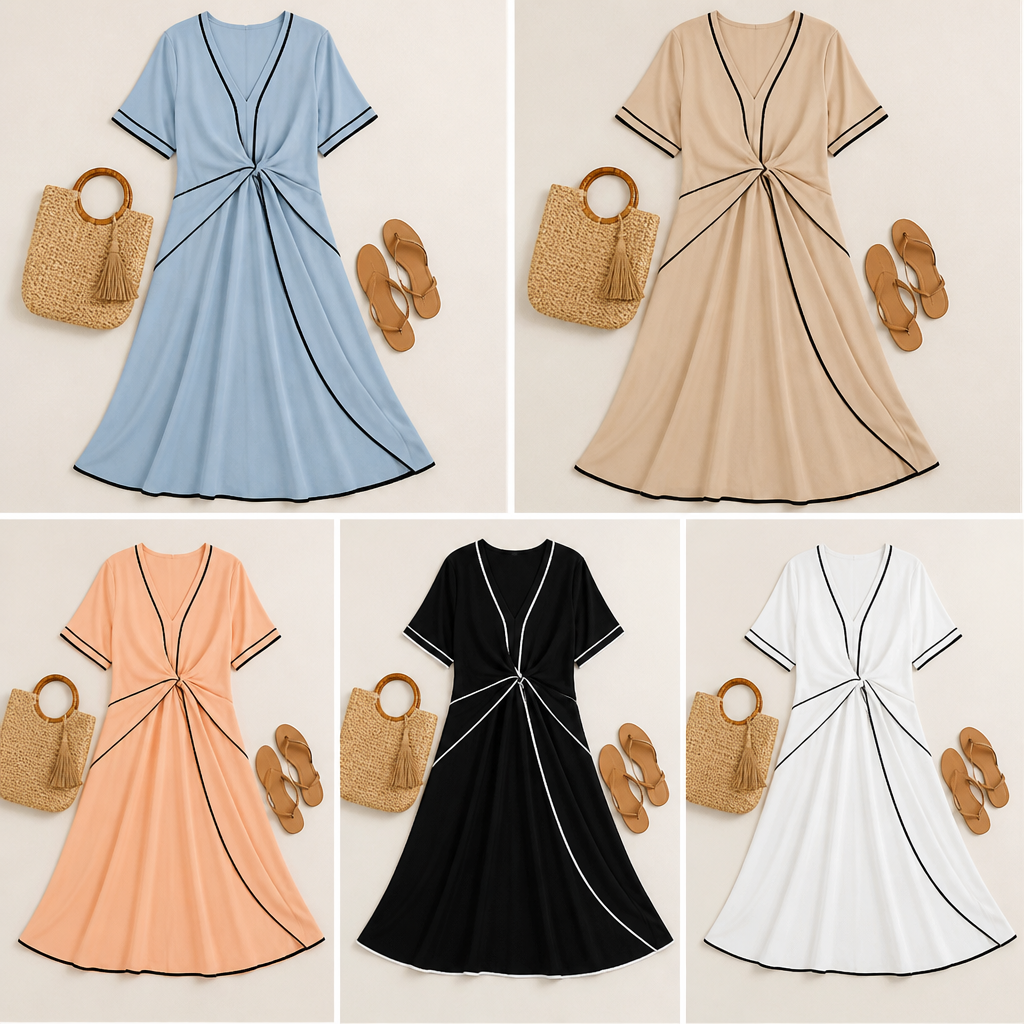 SolariaSilk – Flowy Contrast-Trim Midi Dress with Twist-Knot Waist - Esilora