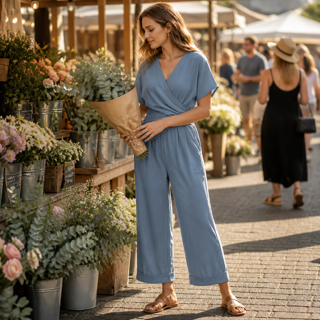 PureLuxe – Elegant Wrap-Waist Two-Piece Set with Wide-Leg Pants - Esilora