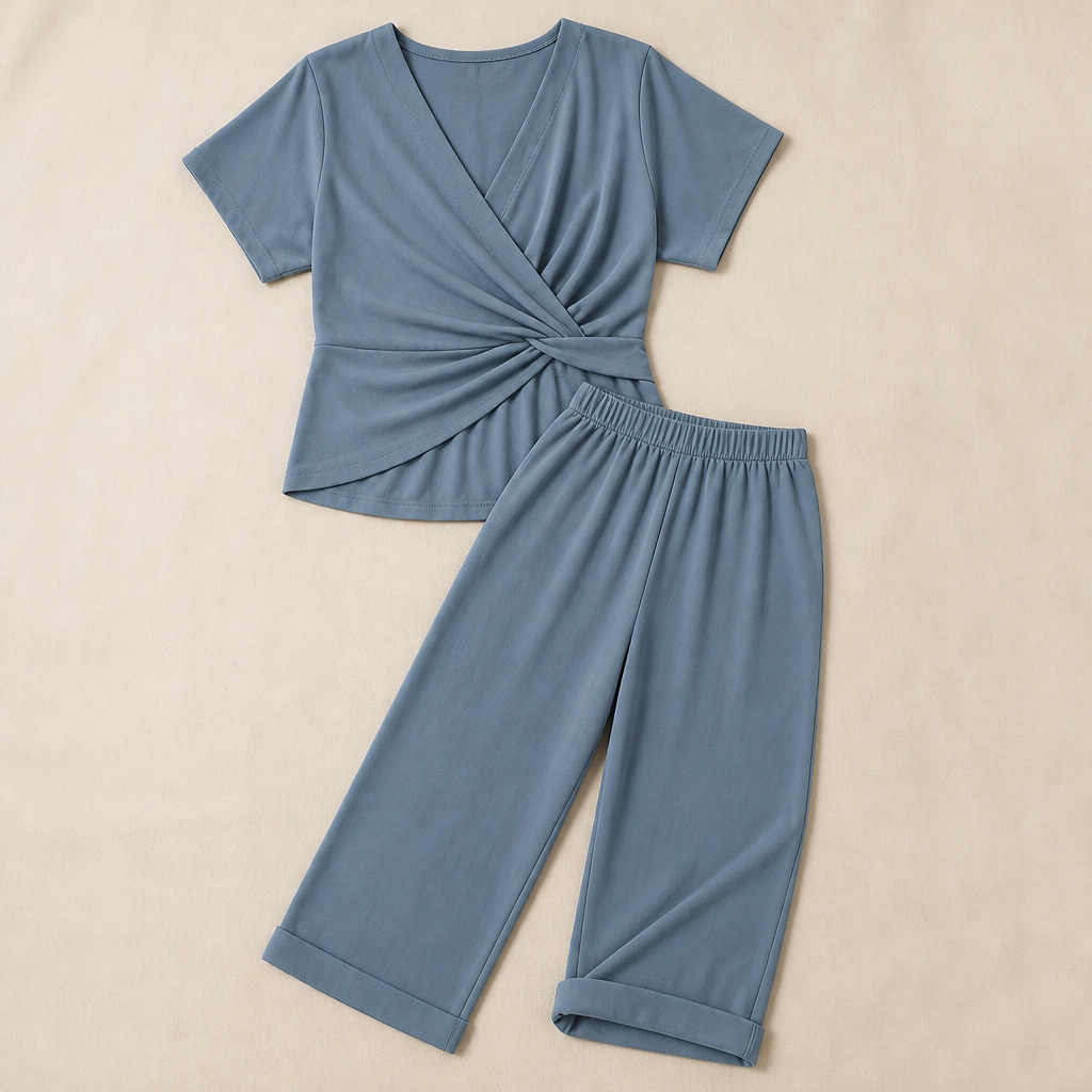 PureLuxe – Elegant Wrap-Waist Two-Piece Set with Wide-Leg Pants - Esilora