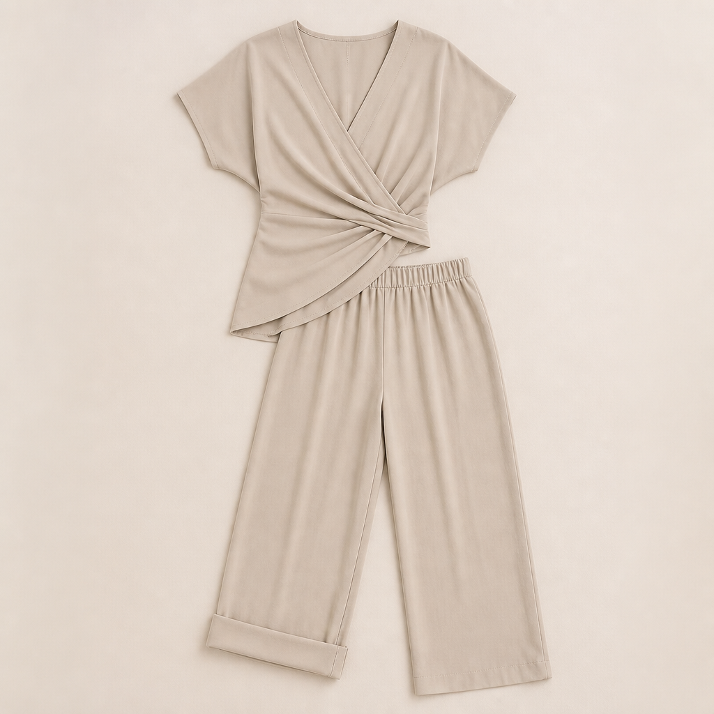 PureLuxe – Elegant Wrap-Waist Two-Piece Set with Wide-Leg Pants - Esilora