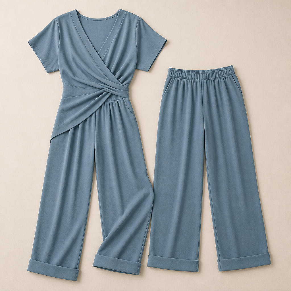 PureLuxe – Elegant Wrap-Waist Two-Piece Set with Wide-Leg Pants - Esilora
