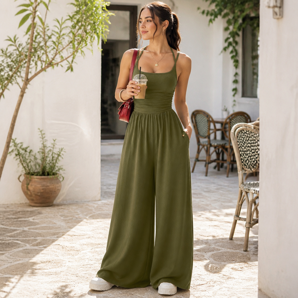 SolaraWave – Flowy Wide-Leg Summer Jumpsuit with Ruched Bodice - Esilora