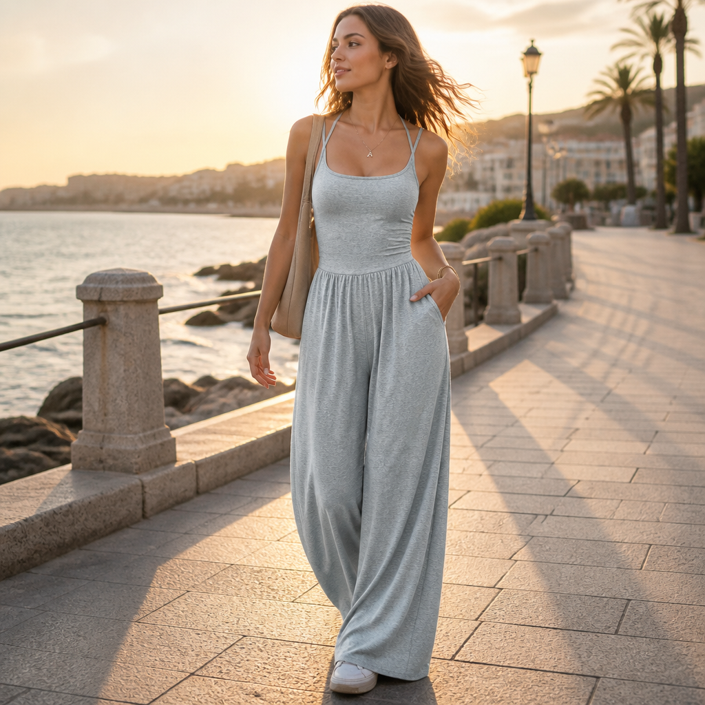 SolaraWave – Flowy Wide-Leg Summer Jumpsuit with Ruched Bodice - Esilora