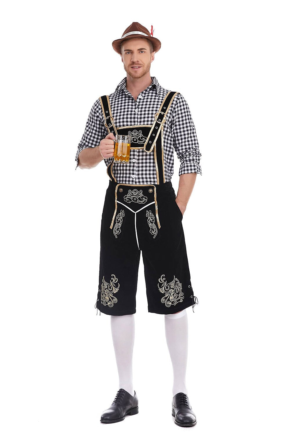 AlpenKönig kostumesæt til mænd — broderede lederhosen, ternet skjorte