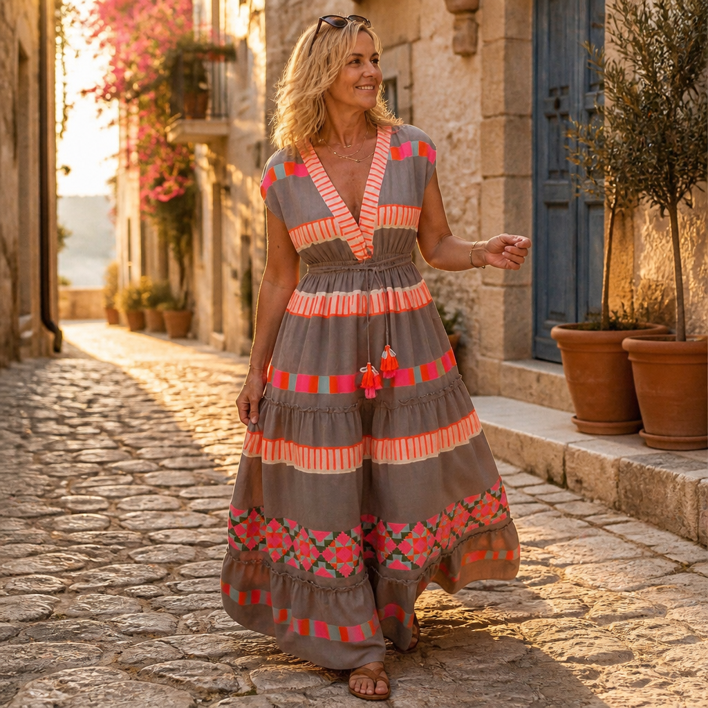 Solana – Maxi-jurk met bohemienprint, V-hals, laagjes en kwastjesceintuur - Esilora